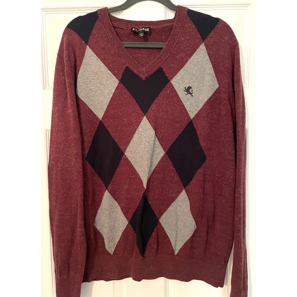 Express Sweater Mens X-Large Maroon Black Gray Argyle Diamond V-Neck Y2K Logo